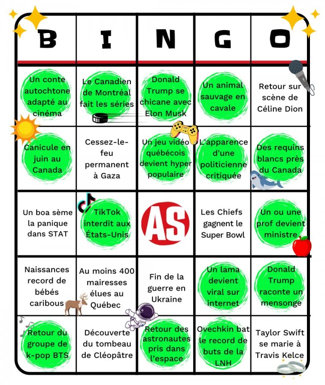 Une image de la carte de bingo des as avec des points verts sur les évènements qui se sont avérés