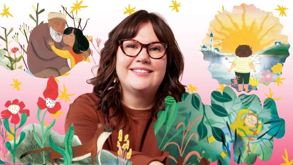 Photo de l'illustratrice Josée Bisaillon accompagnée des personnages de ses illustrations
