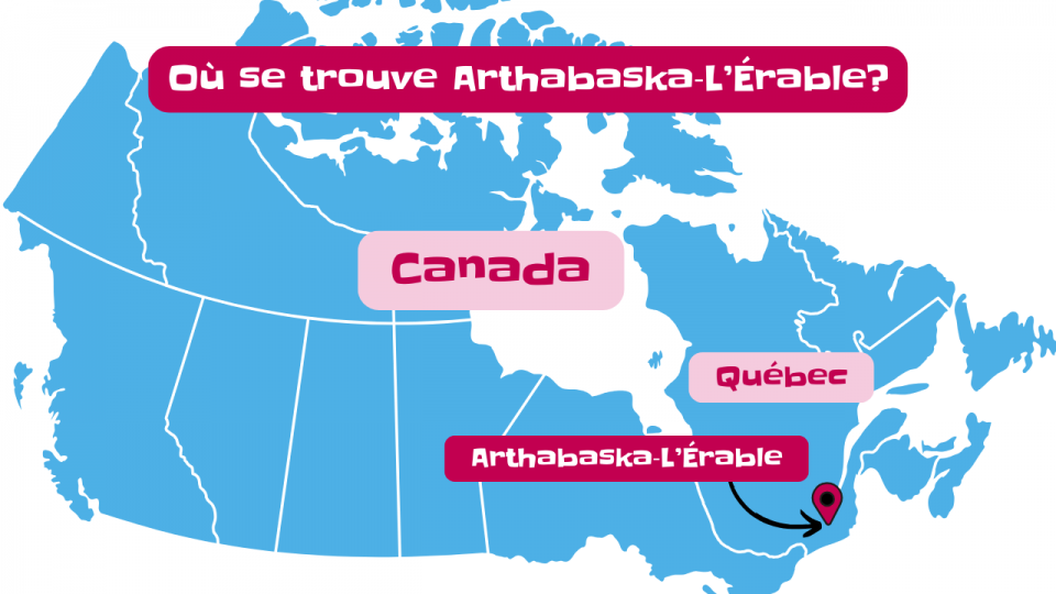Une carte du Canada bleu où la circonscription d'Arthabaska-L'Érable, situé au Québec est mis en évidence par une flèche et une écriture rose.