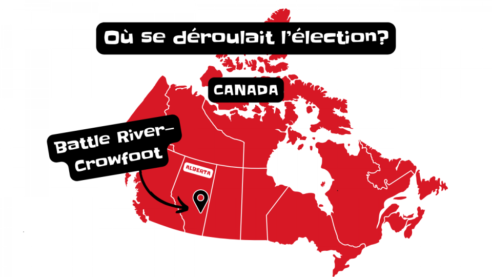 Une carte rouge du Canada avec une flèche noir vers la circonscription de Battle River-Crowfoot