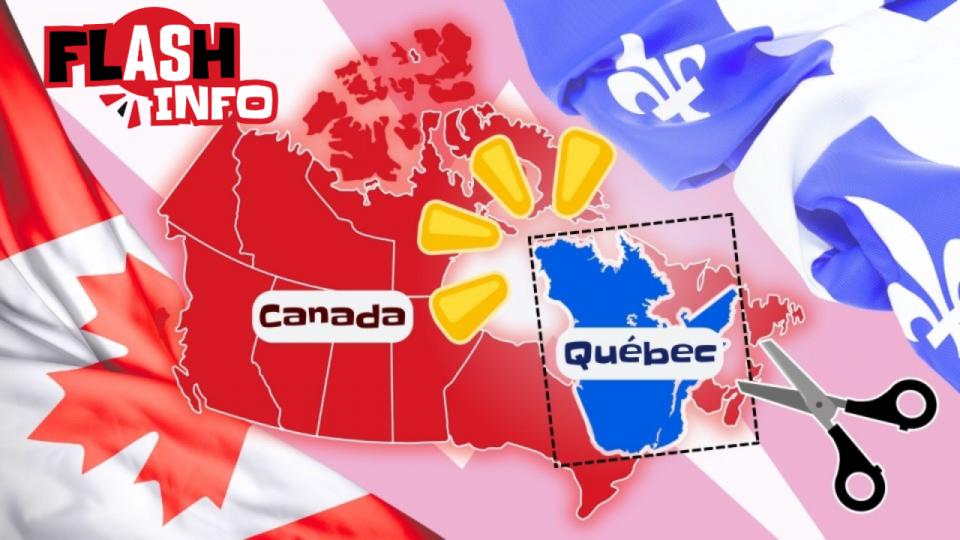 Une illustration du Canada en rouge met en évidence le Québec, en bleu, auprès duquel des ciseaux s’agitent.
