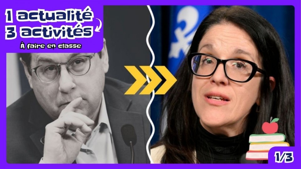 Bernard Drainville en noir et blanc et Manon LeBel en couleur