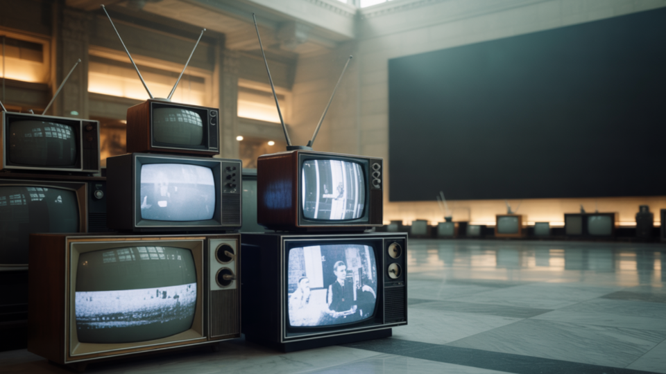 de vieilles télévisions empilées et un écran géant au mur du fond.