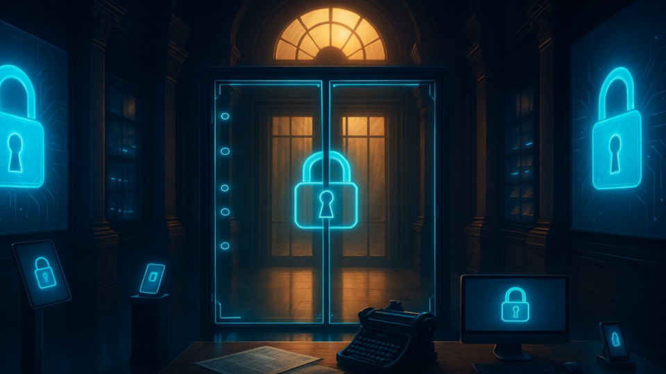 Une salle sombre avec des cadenas qui brillent sur le smurs.