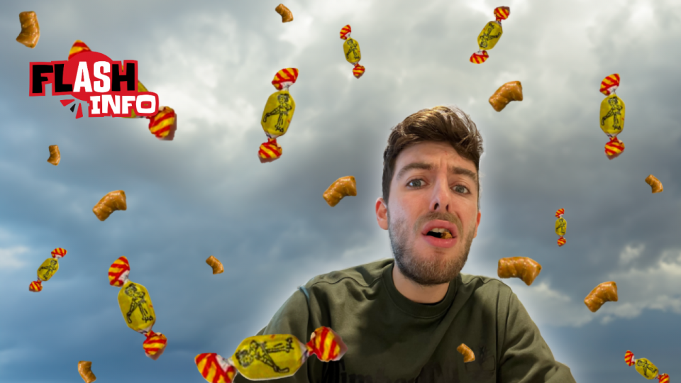 Une pluie de bonbons de tire tombe sur un homme à la bouche pleine.