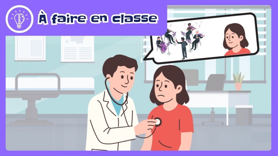 Un médecin qui ausculte une patiente qui semble triste. Il lui parle de concert.