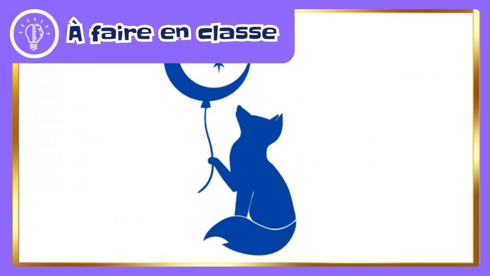 Le profil d’un renard bleu qui regarde vers le haut, tenant un ballon-lune