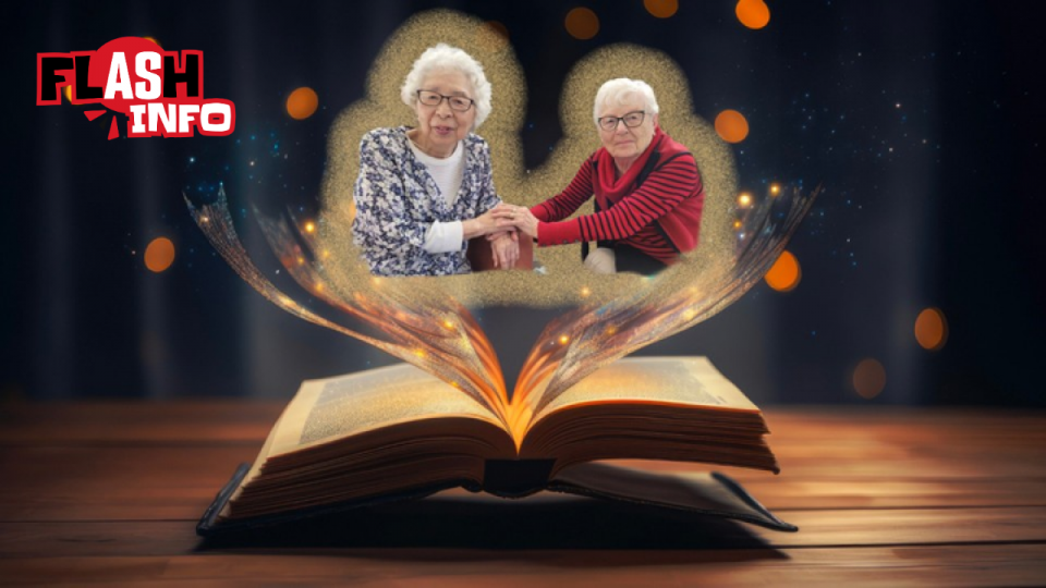 Un livre ouvert laisse monter l’image de deux amies aux cheveux blancs.