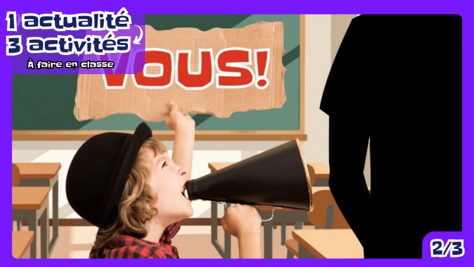 Devant la silhouette d’un adulte, un garçon tient un porte-voix et une pancarte sur laquelle il est écrit  «vous».