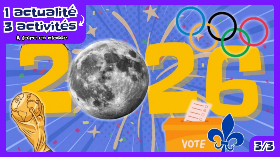 On voit l’année 2026 avec des éléments représentant des événements qui se produiront dans les prochains mois: des anneaux olympiques, une urne, une lune et un trophée.