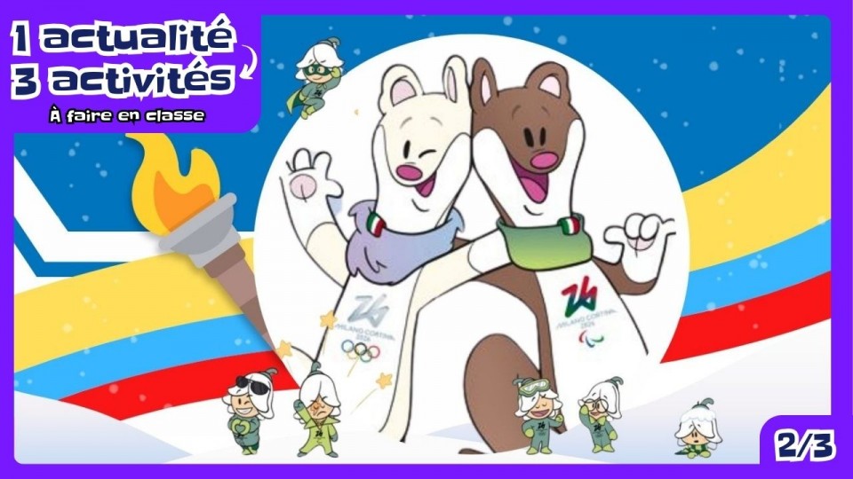 On voit Tina et Milo, les deux mascottes (hermine) des Jeux olympique d’hiver Milan-Cortina ainsi que les Flos, les septs petites mascottes dont la forme est un perce-neige. 