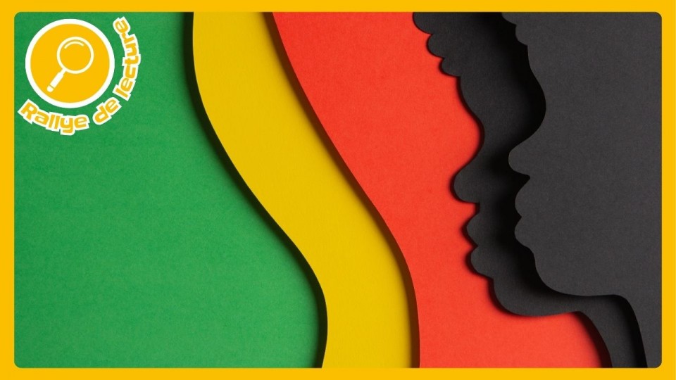 Deux silhouettes de personnes Noires sur un fond rouge jaune vert.