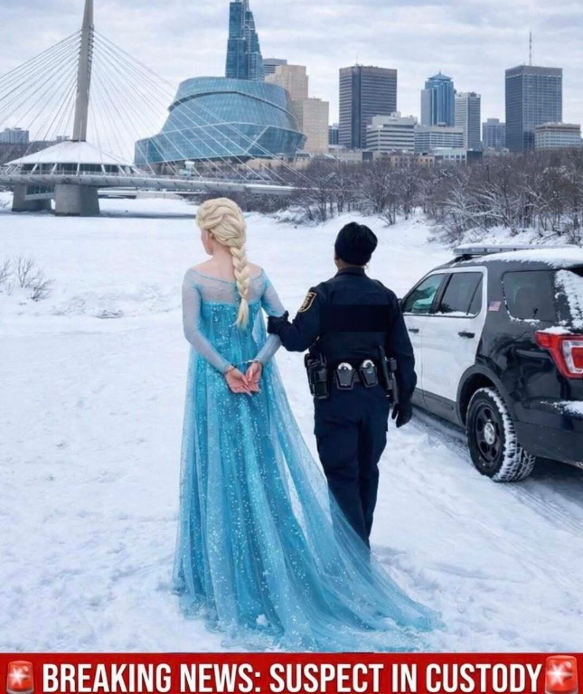 Dehors, dans la neige, une policière accompagne la reine des neiges qui a les mains menottées. 