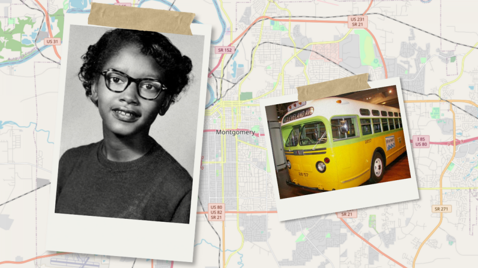 À gauche, une photo de Claudette Colvin à 14 ans, et à droite, une photo de l'autobus qu'elle prenait, qui est maintenant dans un musée. Les deux photos sont collées sur une carte routière de la ville de Montgomery.