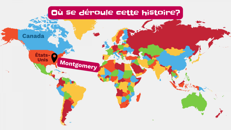 Carte du monde qui pointe la ville de Montgomery, aux États-Unis.