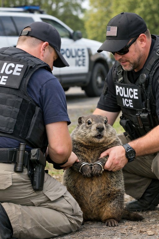 Une marmotte a des menottes aux poignets. Elle a un visage surpris et regarde vers nous. Autour d'elle, deux policiers sont agenouillés et lui tiennent les bras. Sur leur poitrine, il est écrit Police ICE. 
