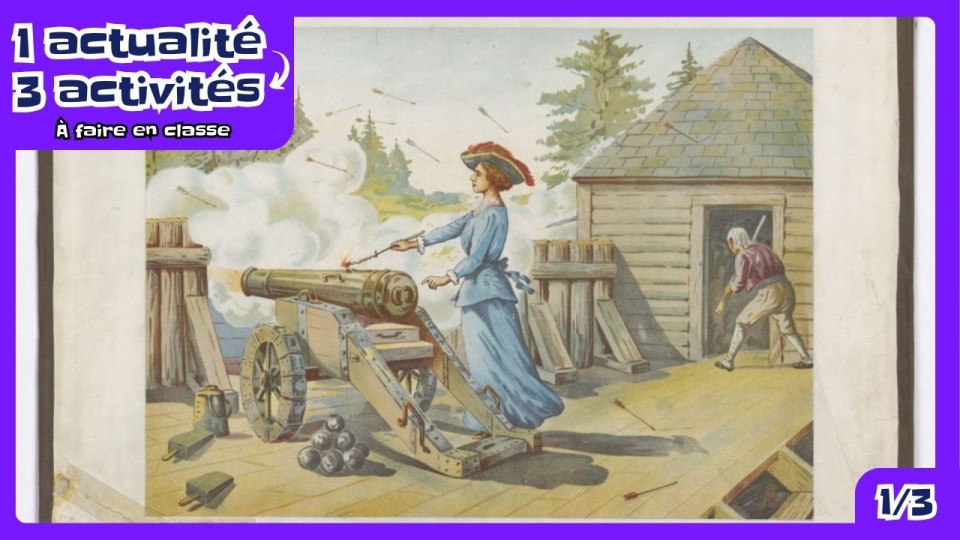 Cette illustration de Jean-Baptiste Lagacé représente Madeleine de Verchères qui allume le canon de son fortin.