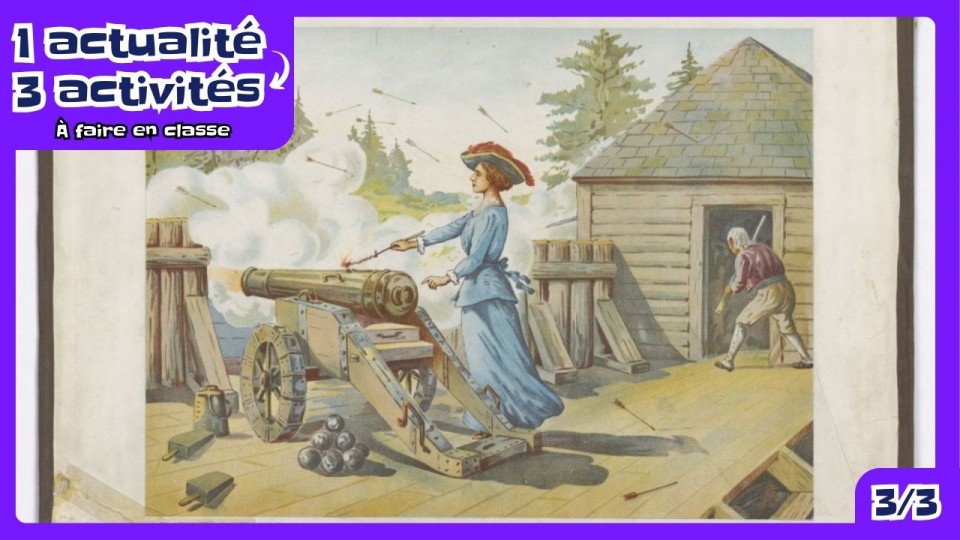 Cette illustration de Jean-Baptiste Lagacé représente Madeleine de Verchères qui allume le canon de son fortin.