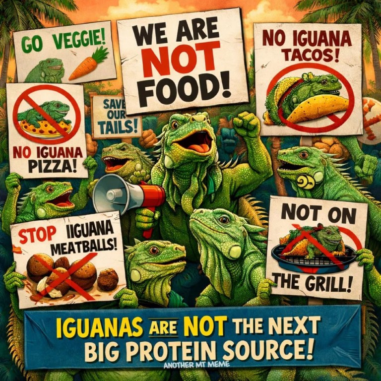 Une manifestation de lézard. Ils brandissent des pancartes avec plein de nourritures encerclées d'un cercle rouge qui a une barre dessus, c'est le symbole d'interdit. Ils ont des porte-voix. 