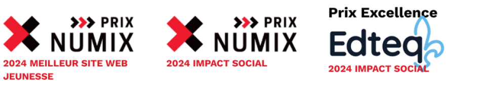 logos des prix remportés en 2024 : Numix Meilleur site web jeunesse, Numix Impact social, Prix Excellence Edtech Impact social
