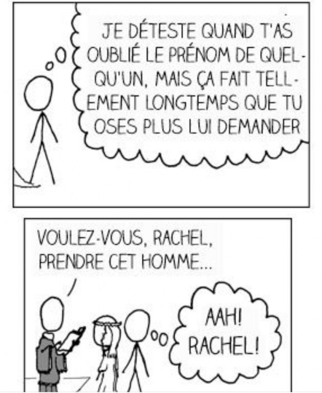 Dans la première image, en haut, un homme est debout en train de réfléchir. Il se dit à lui-même: « Je déteste quand t'as oublié le prénom de quelqu'un, mais que ça fait tellement longtemps que tu n'oses plus lui demander. » Dans la deuxième case, on voit que l'homme est debout pour se marier. Celui qui officie le mariage demande: « Voulez-vous, Rachel, prendre cet homme... » et l'homme en question se dit à lui-même: « Aaaah, Rachel! »