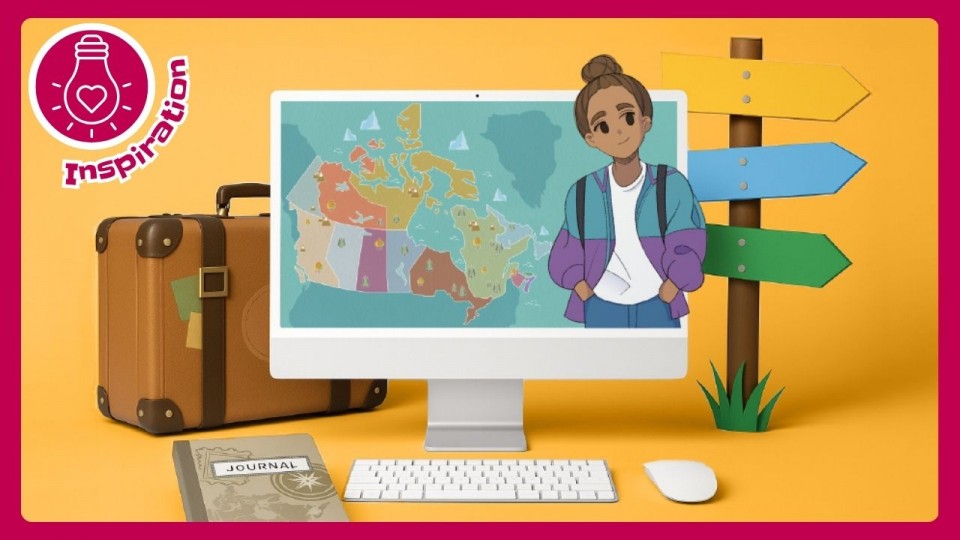 On voit un ordinateur affichant une carte du Canada et une jeune fille qui a les mains dans les poches. On voit aussi une valise, un journal de voyage et des panneaux indicateurs. 