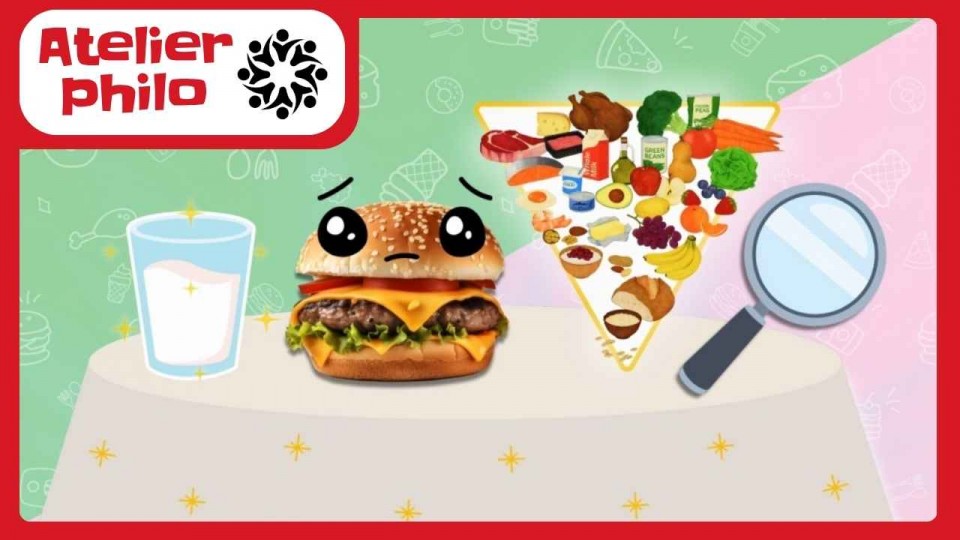 Un verre de lait, un hamburger perplexe, un triangle contenant des aliments sains ainsi qu’une loupe