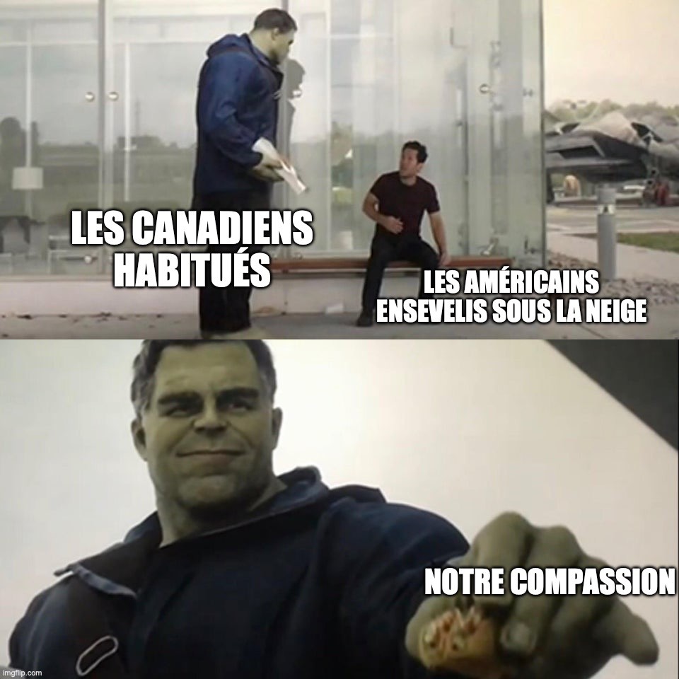 On voit un géant vert, le héro Hulk, qui s'approche d'un homme assis sur un banc, le héros Ant-man. Sur Ant-man, il est écrit: «Les Américains ensevelis sous la neige». Sur Hulk, il est écrit: «Les Canadiens habitués». Dans la deuxième case, on voit Hulk tendre son taco avec un sourire. Sur le taco, il est écrit: «Notre compassion». 