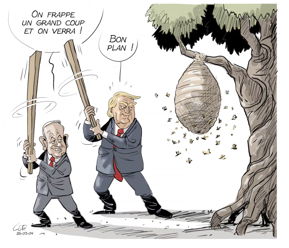 On voit Donald Trump et Benyamin Netanyahou qui tiennent des battes de baseball et s'apprêtent à frapper un nid de guêpe accroché à un arbre. Netanyahou dit: «On frappe un grand coup et on verra!» Trump répond: «Bon plan!»
