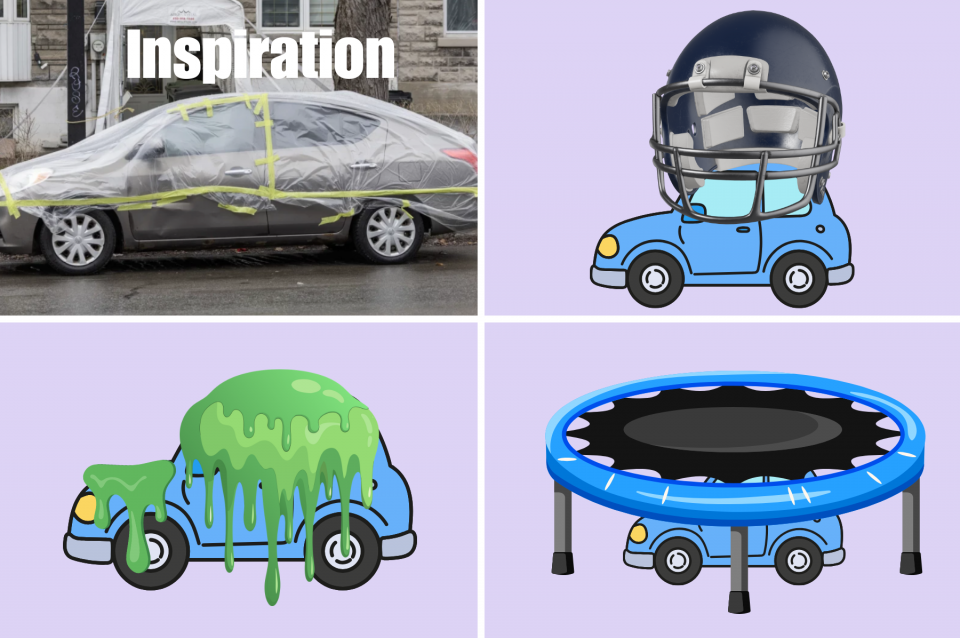 En haut à gauche, une voiture est emballée dans du plastique pour la protéger du verglas. À sa droite, il y a une voiture avec un casque de football. En bas à gauche, il y a une voiture recouverte de slime. En bas à droite, il y a une voiture avec un trampoline par-dessus. 