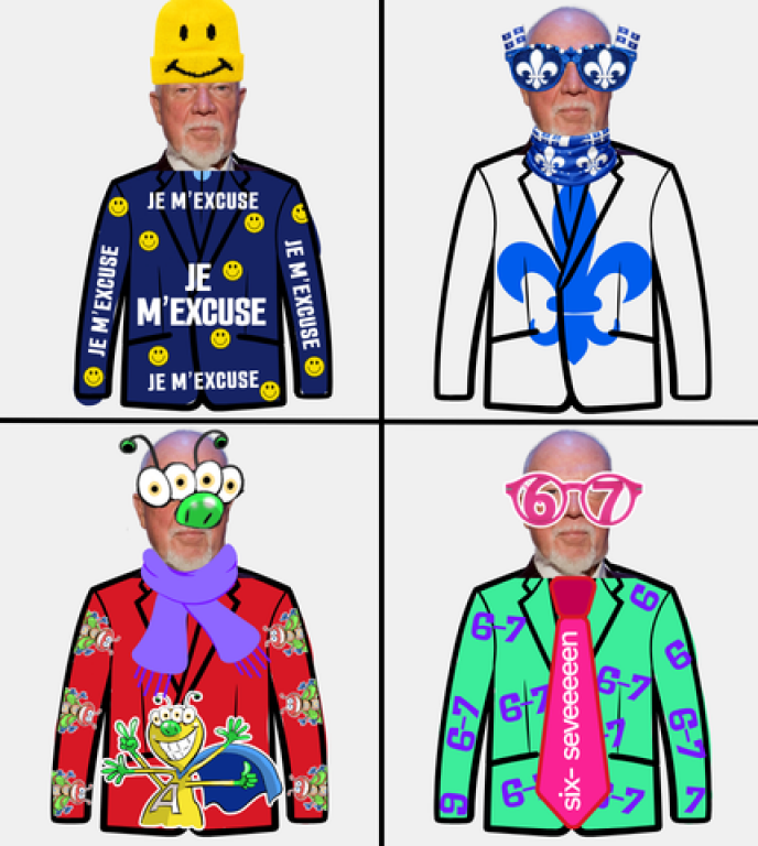 On voit Don Cherry habillé de quatre façons différentes: En haut à gauche, il porte un bonnet avec un émoticône qui sourit, et un veston qui rempli d'émoticônes qui sourient, et il est écrit partout sur lui: « je m'excuse ». En haut à droite, il porte des lunettes, un foulard et un veston avec la fleur de lys du drapeau du Québec. En bas à gauche, il porte des lunettes et un veston rempli d'images de la mascotte des As de l'info. En bas à droite, il porte des lunettes 6-7, et un veston rempli de 6-7 écrit en chiffres et en lettres. 