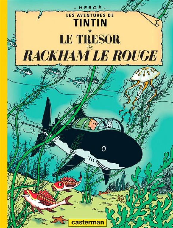 On voit Tintin, le héros de bande dessinée, qui conduit un sous-marin en forme de requin. Il est sous l'eau, et zigzag entre de grandes algues, des poissons et des méduses. 