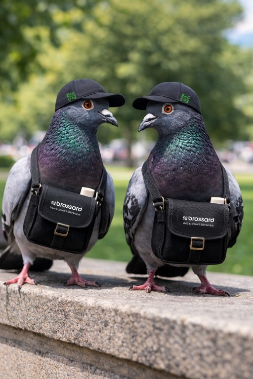 On voit deux pigeons avec une casquette et un sac de courrier où il est écrit: Brossard. C'est une image créée avec l'IA. 