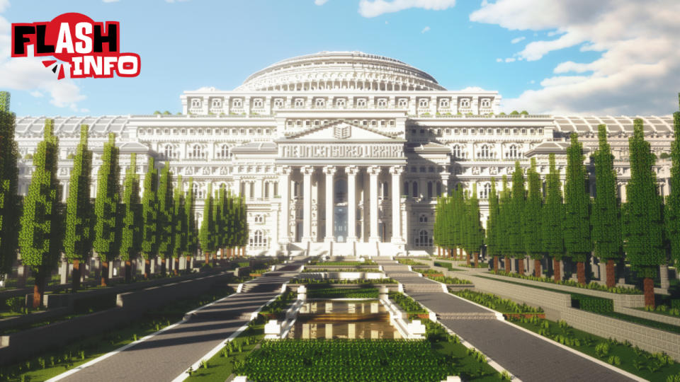 La bibliothèque virtuelle, appelée The Uncensored Library, est représentée avec un aspect pixélisé, dans le style du jeu vidéo Minecraft.