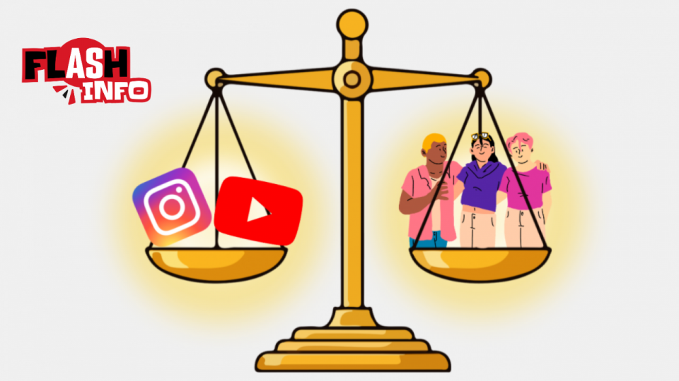 Une illustration d’une balance à plateaux porte, à gauche, les logos de Youtube et Instagram et à droite, une bande de trois jeunes.
