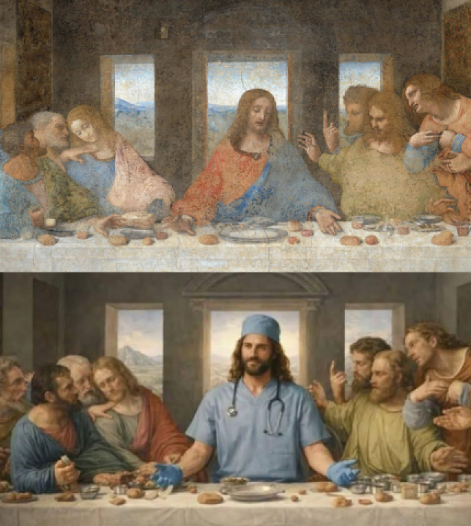 En haut, on voit la peinture intitulée la Cène. Elle montre Jésus et les apôtres qui mangent. En bas, on voit la même scène, mais Jésus est remplacé par un médecin habillé en bleu qui porte un stéthoscope autour du cou. Un stéthoscope, c'est l'outil que les médecins utilisent pour entendre les battements de coeur des patients. 