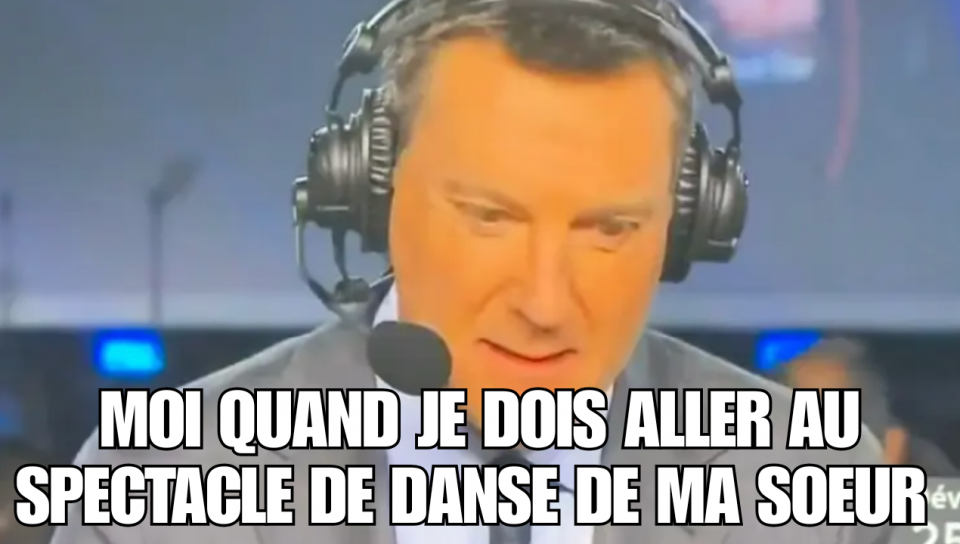 On voit l’animateur de Radio-Canada Patrice Roy qui a l'air sous le choc. Il est écrit: « Moi quand je dois aller au spectacle de danse de ma soeur ».