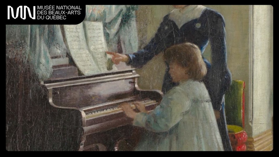 Huile sur toile où l'on voit un enfant jouant du piano, accompagner d'une dame pointant une portée de musique