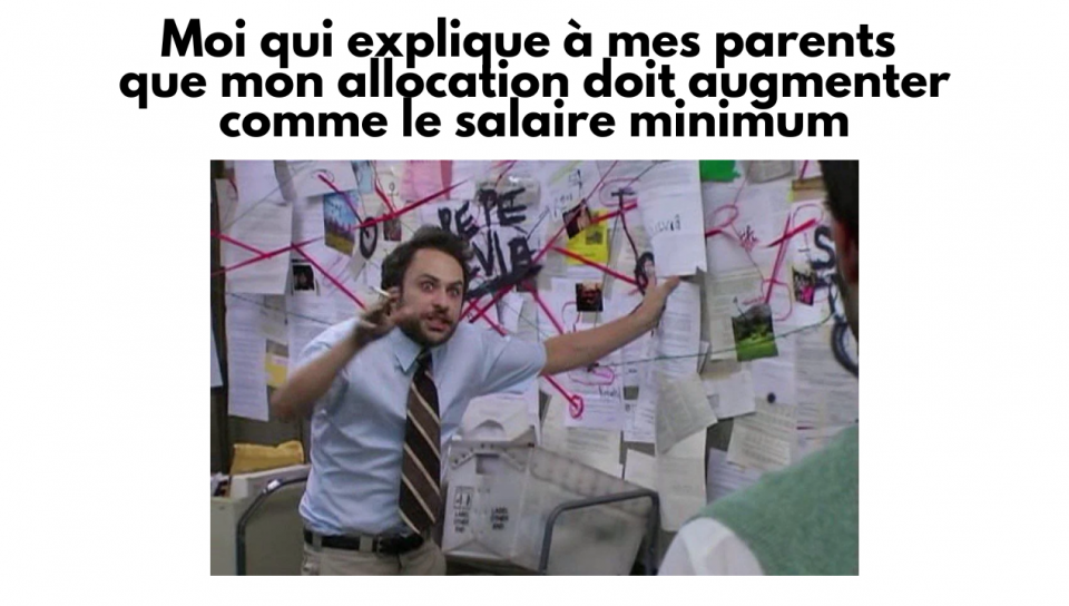 On voit un homme aux yeux grands ouverts qui a l'air d'expliquer quelque chose d'un peu fou. Derrière lui, il y a plein de papiers et de fils qui les relient. Il a l'air d'expliquer une théorie difficile à croire. 