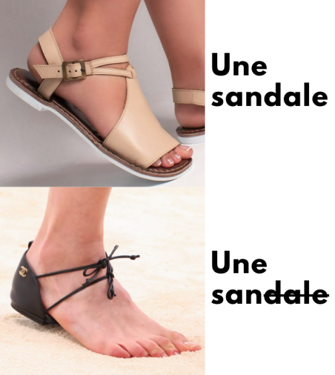 En haut, on voit une sandale. À côté, il est écrit: « une sandale ». En bas, on voit un bout de tissu qui recouvre uniquement le talon. Le reste du pied est posé directement par terre. À côté, il est écrit: « une san ». Le reste du mot sandale est barré. 