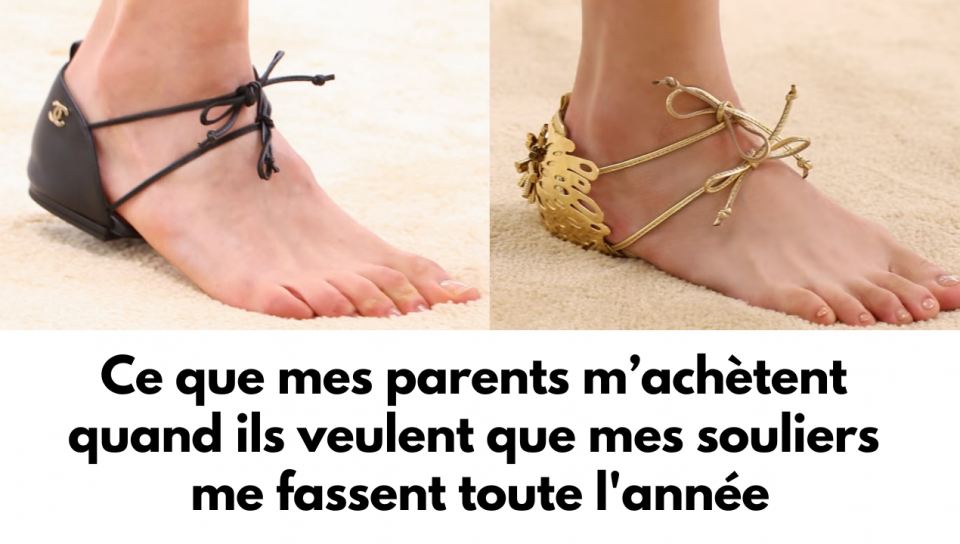 On voit un bout de tissu qui recouvre uniquement le talon et qui est attaché à l'avant du pied. Le reste du pied est posé directement par terre. Il y a un modèle doré et un modèle noir. En bas, il est écrit: « Ce que mes parents m'achètent quand ils veulent que mes souliers me fassent toute l'année ». 