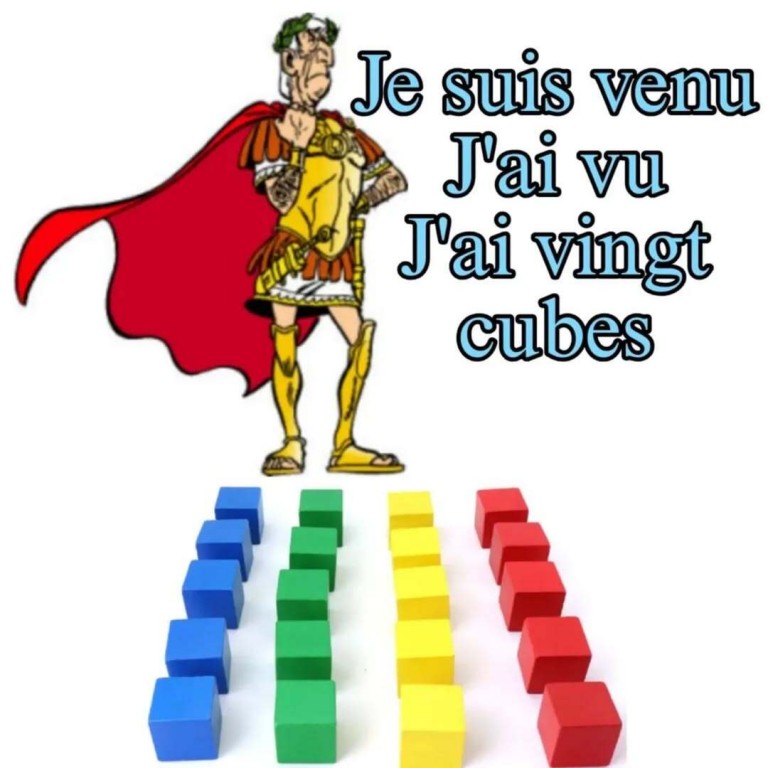 On voit Jules César, dessiné pour la bande dessinée d'Astérix et Obélix, qui est au-dessus de 20 cubes de couleurs. Il est écrit: « Je suis venu. J'ai vu. J'ai vingt cubes ». 