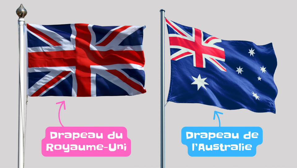 À gauche, on voit le drapeau du Royaume-Uni. À droite, on voit le drapeau de l'Australie. Le drapeau du Royaume-Uni est tout petit dans un coin du drapeau de l'Australie. 