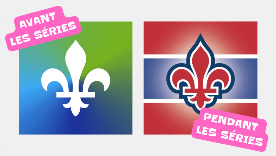 À droite, on voit la fleur de lys, l'emblème du Québec, au milieu, en blanc. Autour d'elle, le fond est coloré en vert et bleu. À gauche, on voit encore la fleur de lys, mais elle est en bleu, blanc et rouge. Ce sont les couleurs de l'équipe de hockey le Canadien de Montréal. Autour d'elle, le fond est rendu bleu blanc rouge aussi, comme sur le logo des Canadiens de Montréal. 