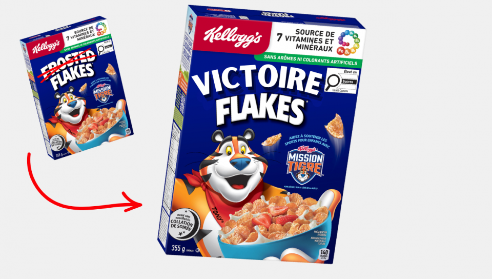 On voit une boîte de la sorte de céréale Frosted Flakes. Le mot Frosted est barré. Une flèche est dessinée jusqu'à une boîte où il est écrit Victoire flakes.