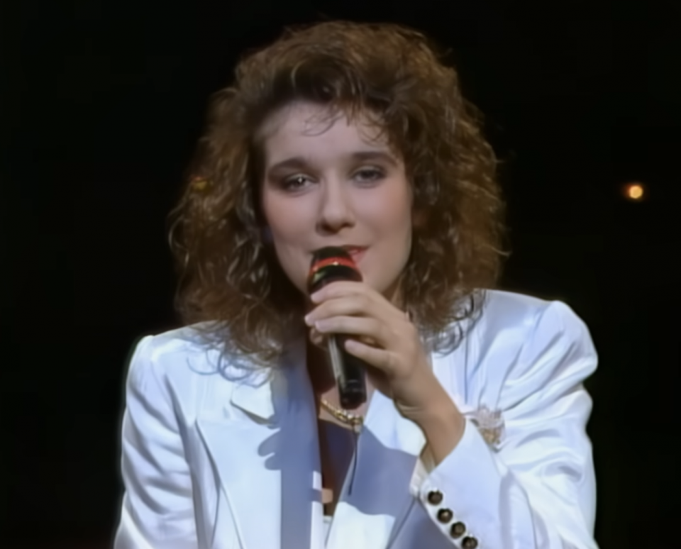 On voit une jeune Céline Dion: elle a les cheveux bouclés. Ils lui vont jusqu'aux épaules. Elle porte un habit blanc, et tient un micro pendant qu'elle chante. 
