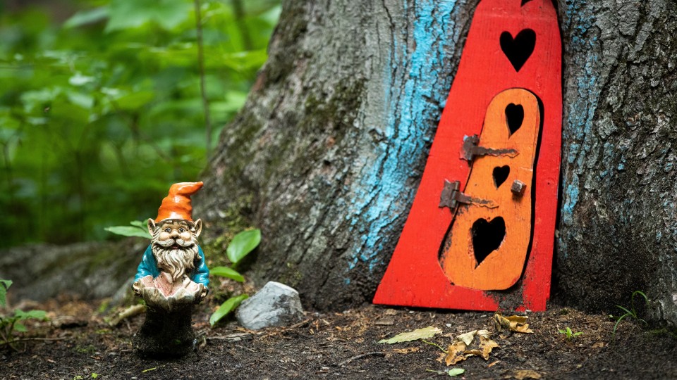 On voit un gnome planté dans la terre à côté d'un arbre. Le gnome porte un chapeau rouge, un chandail bleu et une longue barbe. À côté de lui, une petite porte rouge et orange avec des coeurs taillés dedans est posée contre un arbre. 