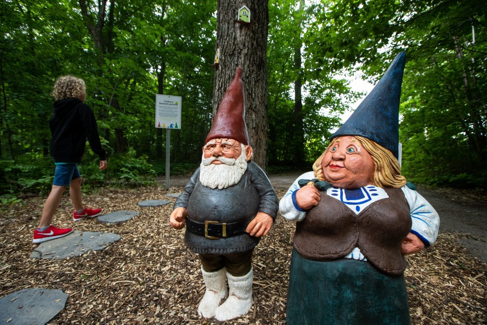 On voit deux statues de gnomes. À gauche, il y a un homme gnome barbus avec un chapeau rouge, un chandail vert, une grosse ceinture noire ainsi que des bottes blanches. À côté du gnome, il y a une femme gnome avec un chapeau pointu vert, un habit brun, blanc et bleu, et une jupe. À gauche des deux statues, on voit quelqu'un marcher sur le sentier de pierres. 