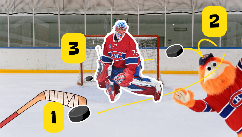 On voit en premier un bâton de hockey avec la rondelle. Le bâton envoie la rondelle sur la tête de la mascotte Youpi, qui a des cheveux et une barbe rousse, ainsi qu,un chandail de l'équipe de hockey les Canadiens de Montréal. La rondelle rebondie sur la tête de la mascotte et fini sa course dans le but du gardien de but des Canadiens de Montréal. Il a l'air découragé. Il porte un chandail des Canadiens et l'équipement de protection des gardiens. 