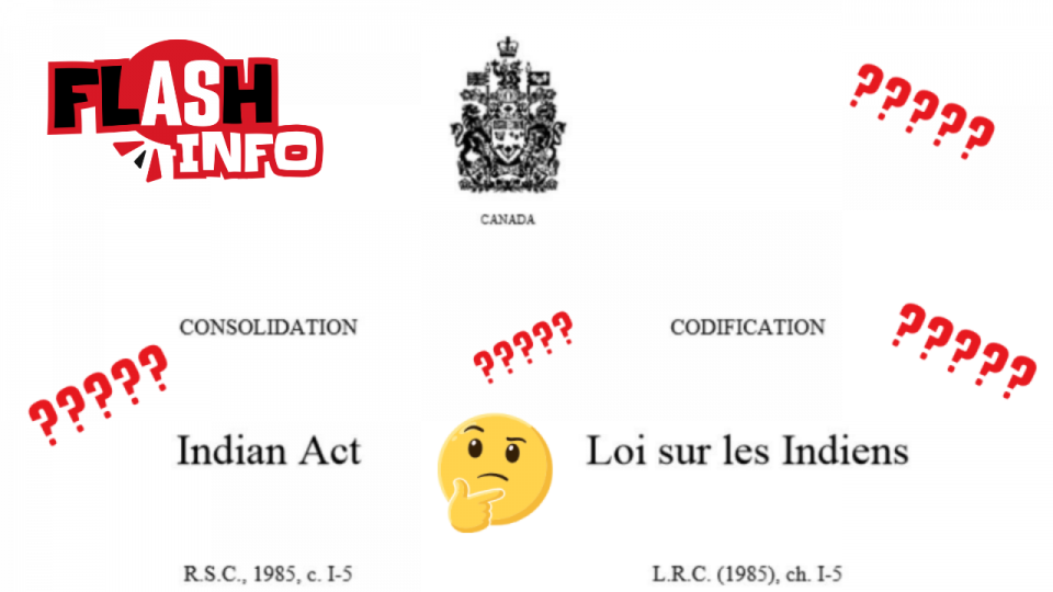 Un émoji pensif est entouré de mots liés à la Loi sur les Indiens.